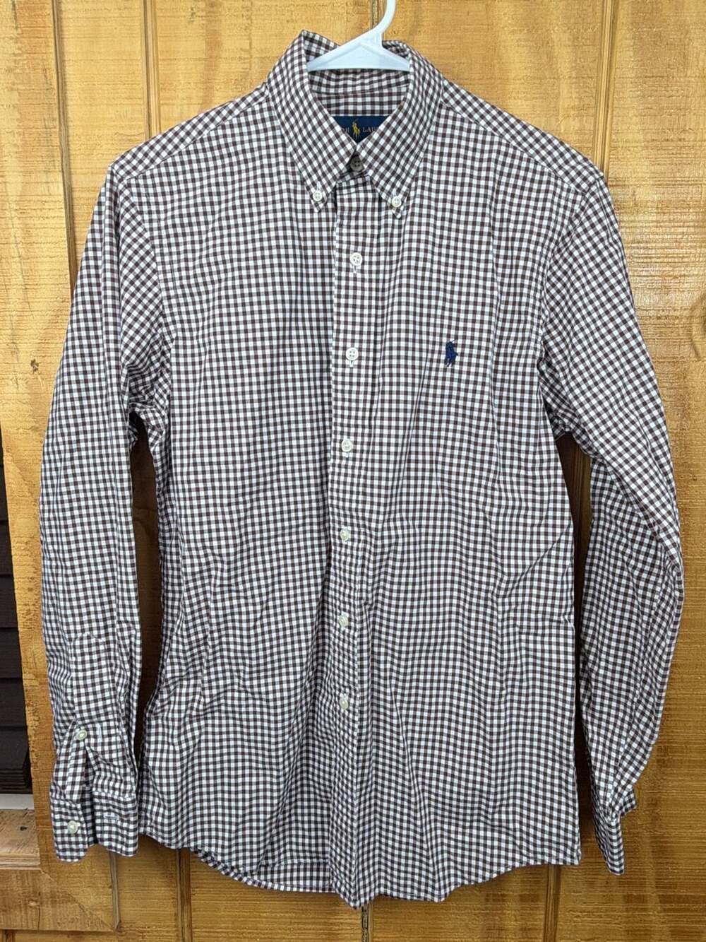 Ralph Lauren Mens Brown And White Gingham Long Sleeve Button Down Size Small